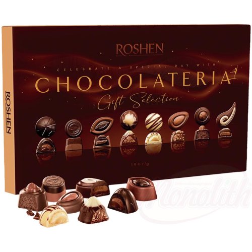 Godis i ask "Roshen Chocolateria" med olika fyllningar. Innehller alkohol, 194g